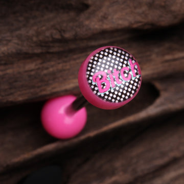 Detail View 1 of Retro Bitch Acrylic Top Barbell Tongue Ring-Pink